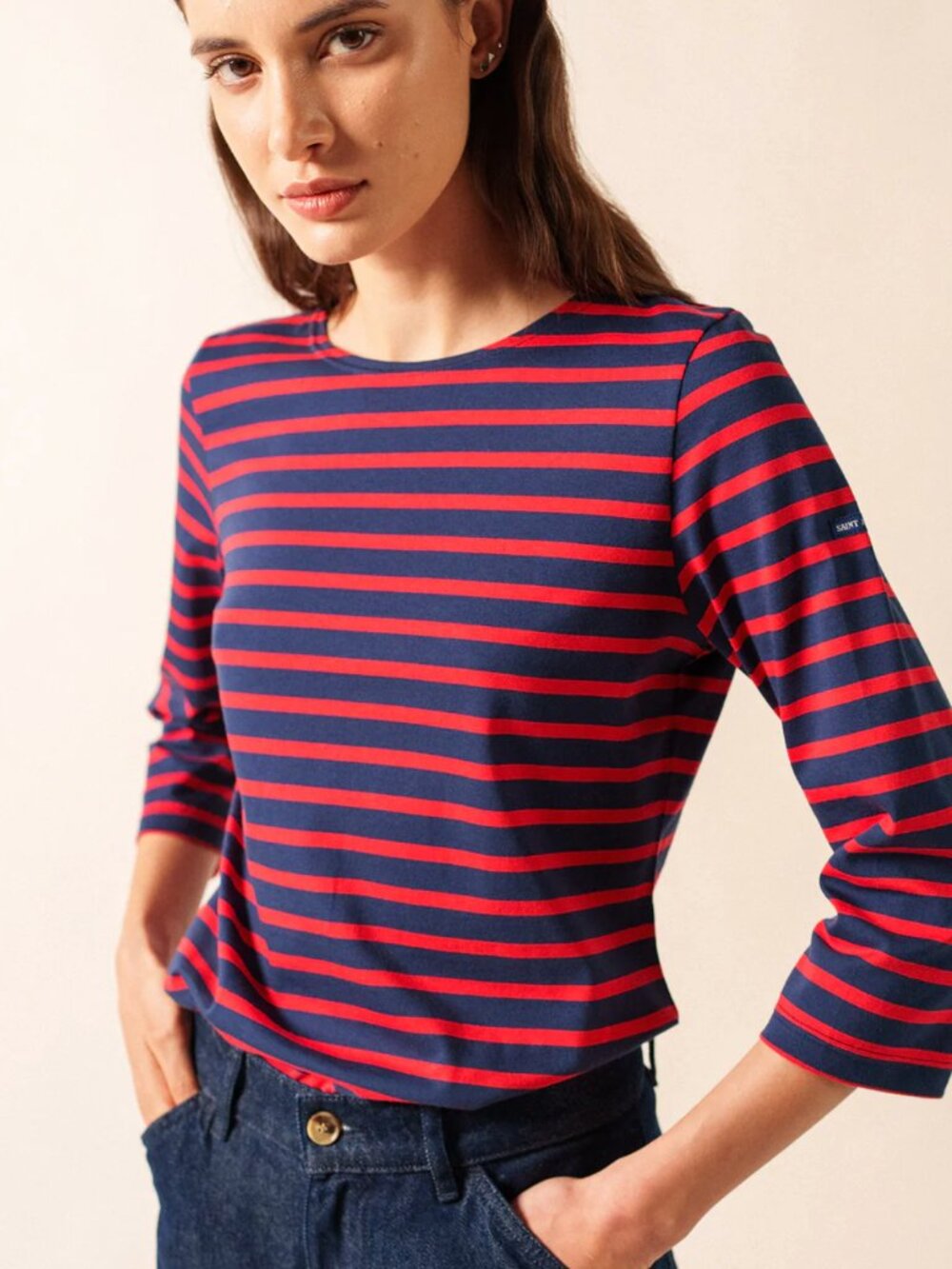 Saint James GALATHEE II Breton Striped Top Navy/Red wm sz 10 (slim) - Picture 8 of 11